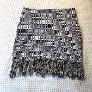 ZARA navy blue and white patterned skirt with fringing at the bottom, large